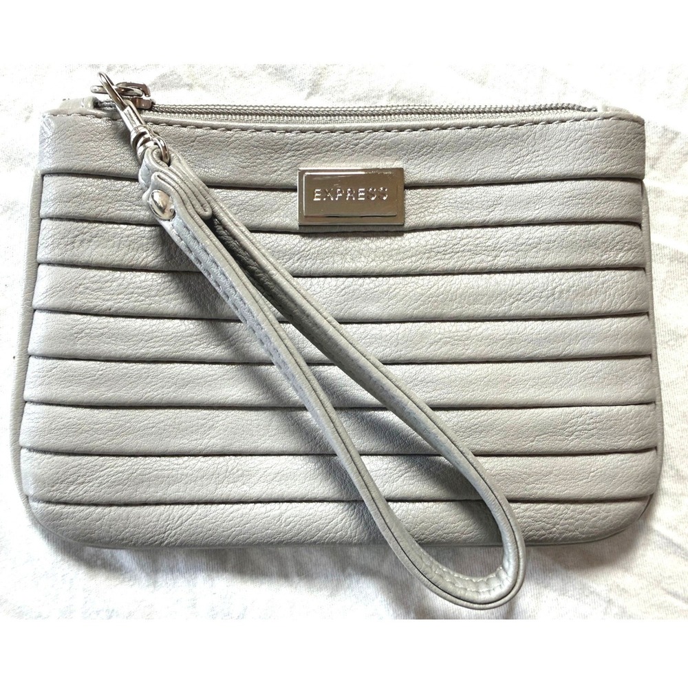 Express Wristlet Pouch Womens Gray Faux Leather Pleated Silver Logo Minimalist